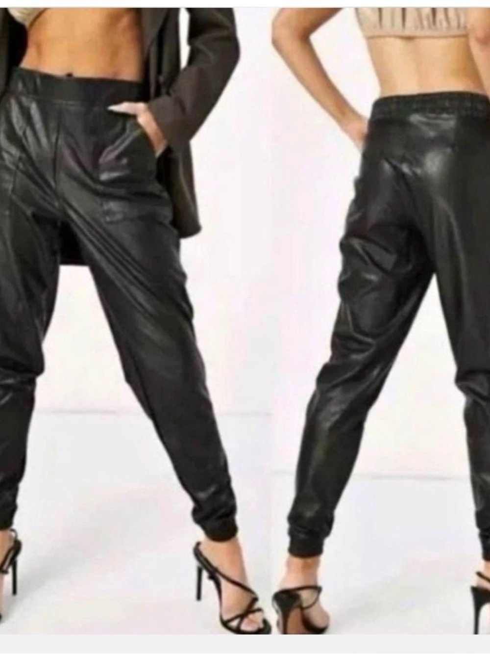 SPANX Jogger Pants Womens medium Black Vegan Leather Pull On High Rise Pockets